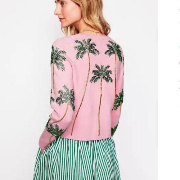 BODEN Bead Embellished Palm Trees Cardigan Soft Pink NWT - Picture 2 of 6